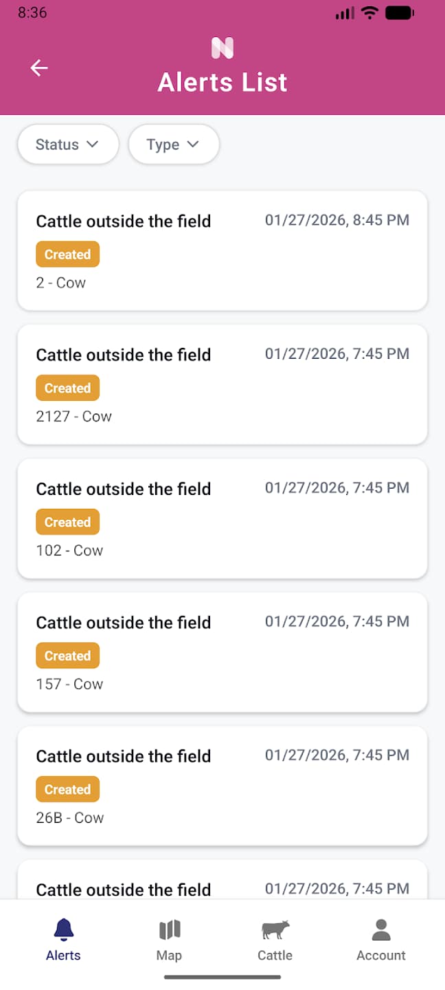 Lista detallada de alertas con tipo, animal y fecha